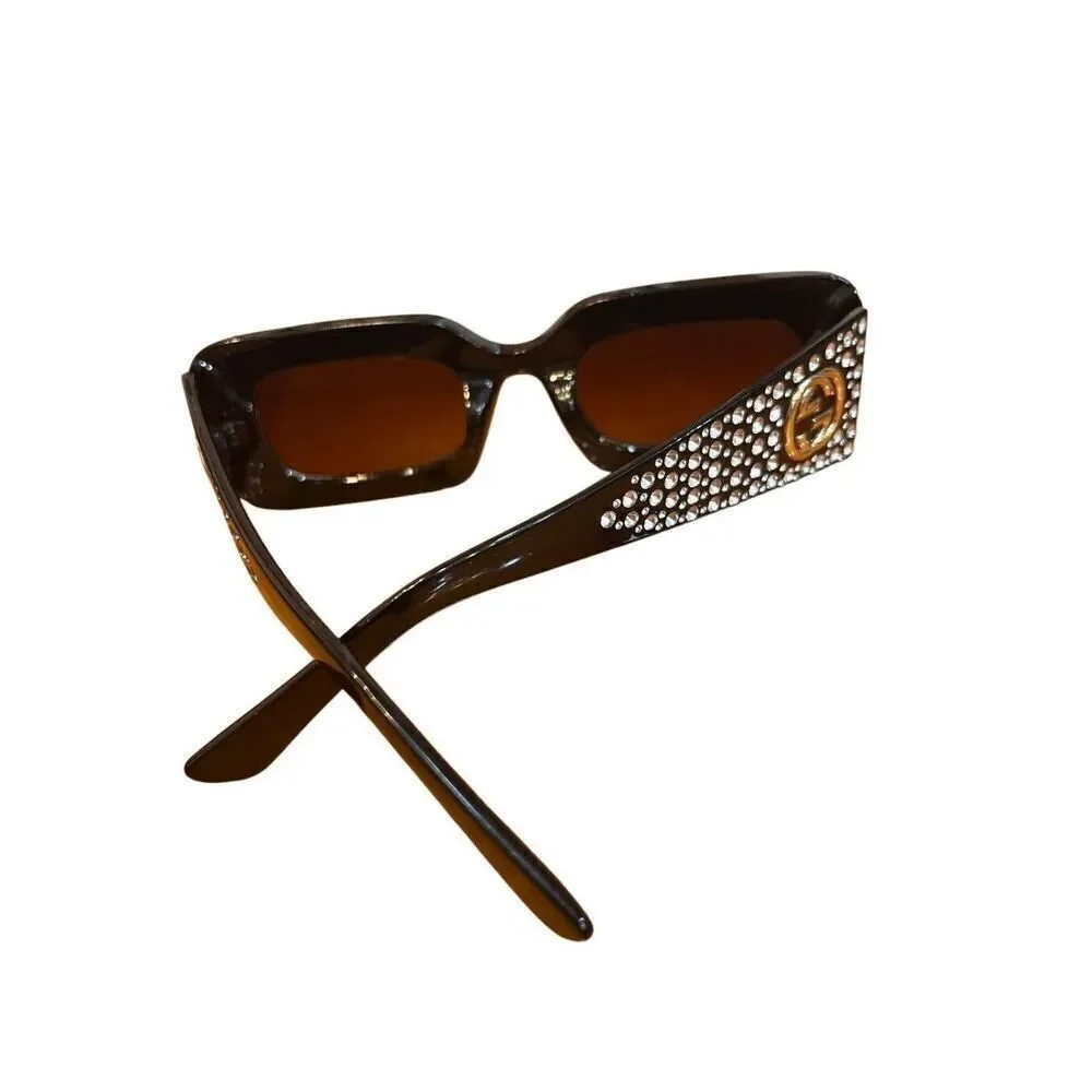 GUCCI black rectangle Diamond Cut Embellished Interlocking Gold G Sunglasses Vtg